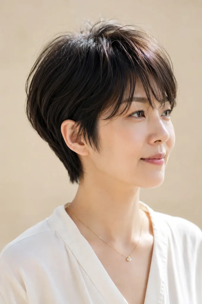 Korean woman with a short pixie cut featuring soft feathered layers, lightweight texture, natural volume,