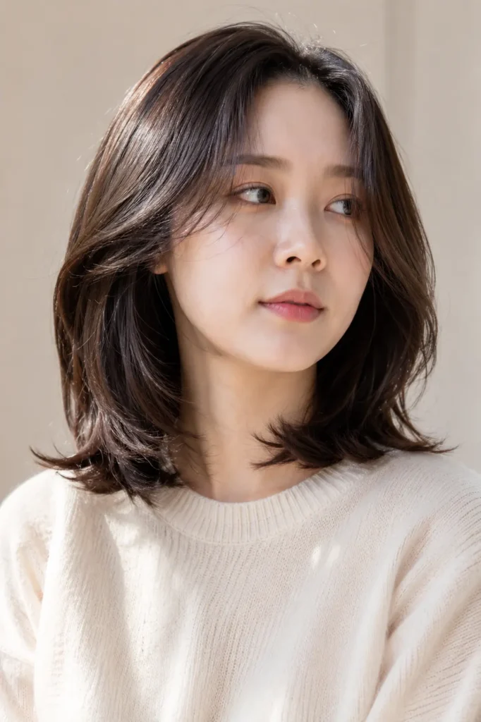 a Korean woman with a shoulder-length lob haircut, featuring soft layers, smooth shiny hair texture, lightly curved ends