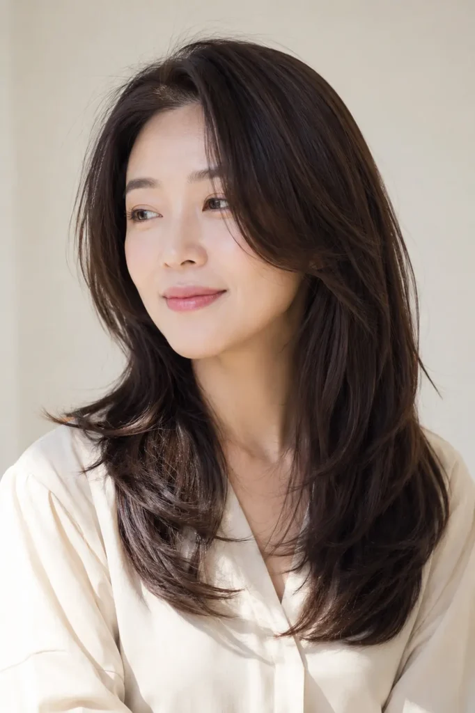 Korean woman with a soft side part layered hairstyle featuring smooth blended layers, natural volume, glossy healthy hair
