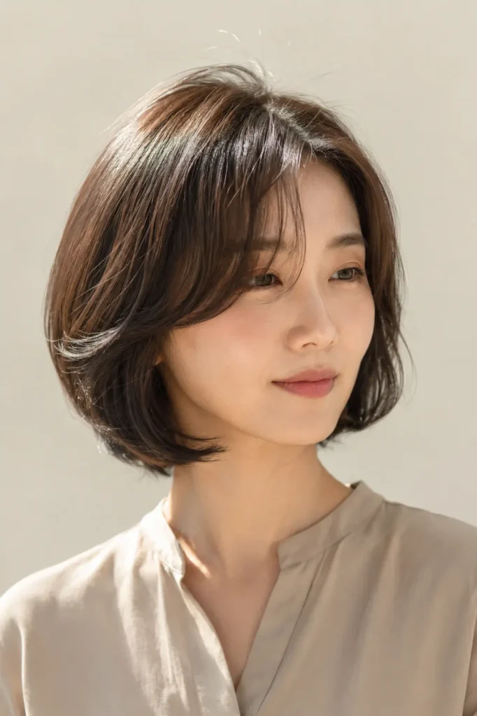 a Korean woman with a soft layered bob haircut and curtain bangs, featuring glossy smooth hair texture