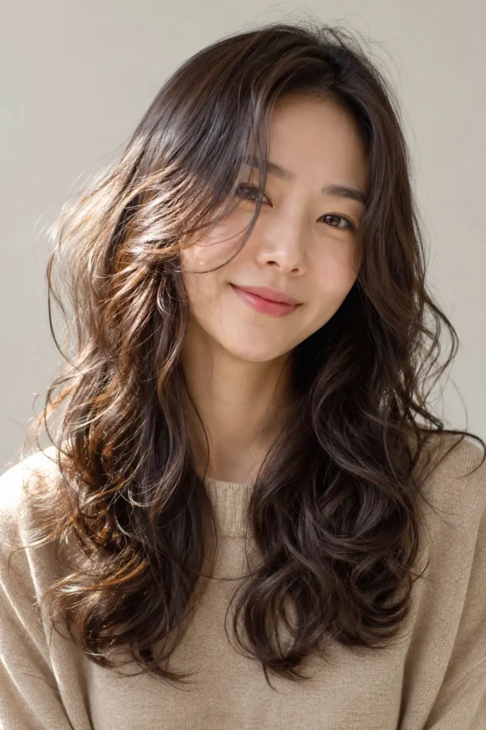 a Korean woman with a soft perm hairstyle, featuring loose natural curls, glossy waves, lightweight volume