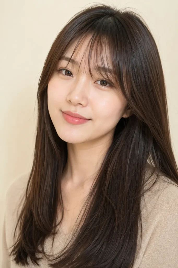 a Korean woman with long silky straight hair and soft see-through bangs, featuring smooth layers, natural shine, lightweight fringe, soft makeup, and a beige outfit in a bright cream studio portrait.
