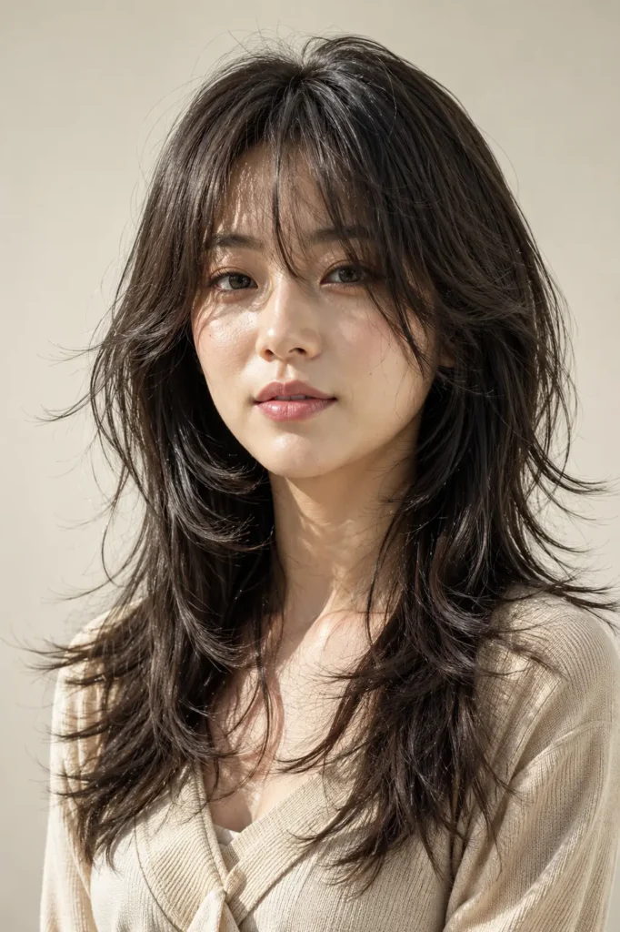 Korean woman with a textured shag hairstyle featuring feathered layers, soft face-framing movement,