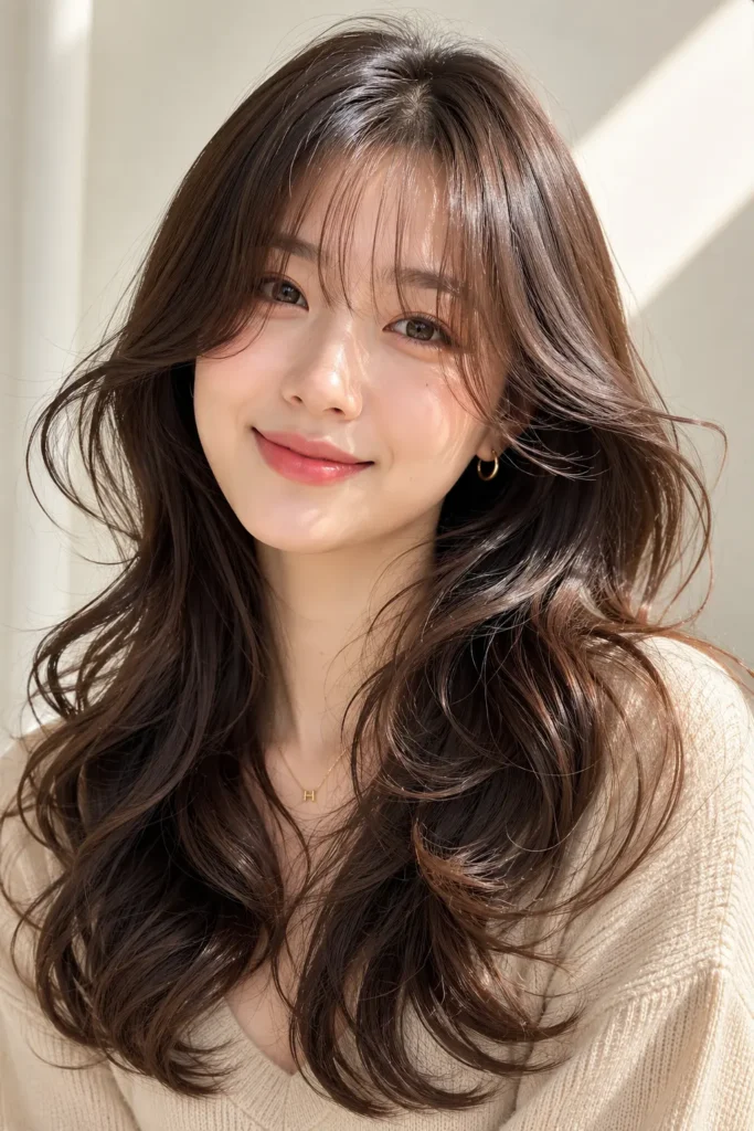 a Korean woman with long wavy hair, soft wispy bangs, flowing layered texture, glossy shine, natural makeup, and beige clothing in bright daylight against an ivory background.