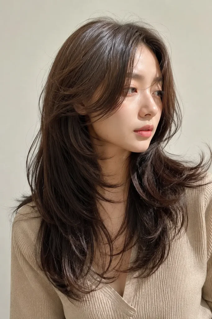 a Korean woman with a soft layered wolf cut hairstyle featuring feathered layers, airy volume, face-framing texture, glossy dark hair