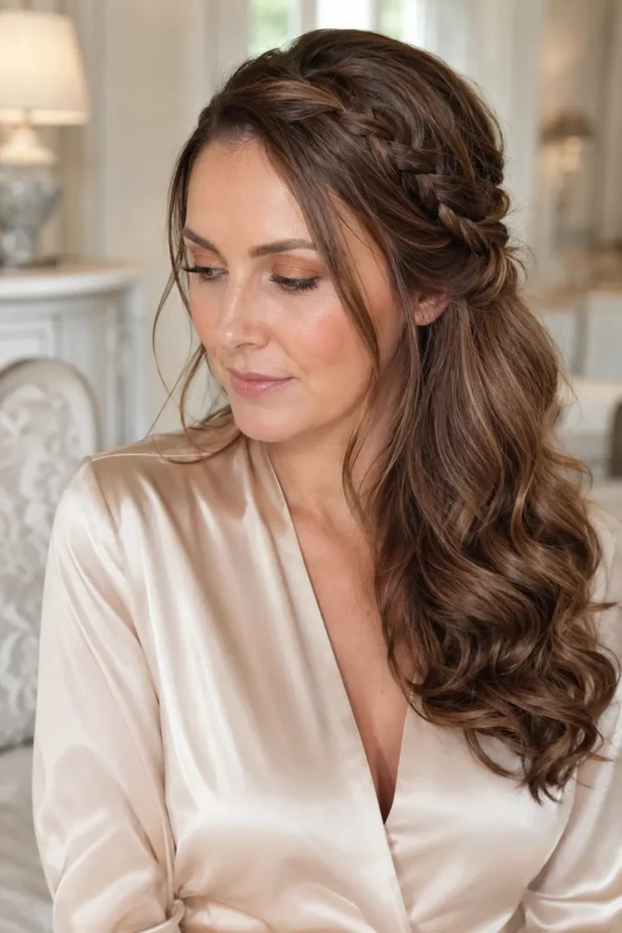 woman wearing a lace side braid with loose flowing caramel brunette waves, a champagne satin blouse, and natural makeup in a bright cream luxury home setting.