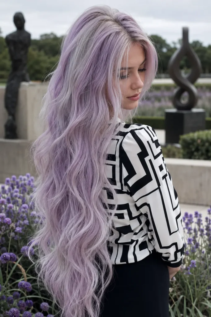 white woman with ultra-long lavender blonde hair in soft flowing waves, featuring a pale platinum base with delicate lilac and pastel violet tones, wearing a black-and-white geometric patterned blouse in a serene modern sculpture garden with lavender flowers
