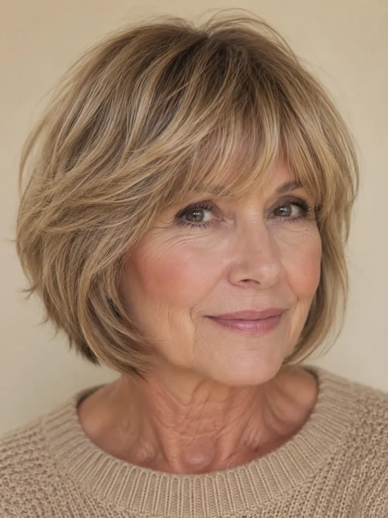 a woman with a layered bob and airy feather-light bangs, showcasing silky, glossy hair with soft layers and natural volume. She wears a light beige knit sweater against a neutral cream background, with bright natural daylight highlighting every strand and authentic mature skin texture.