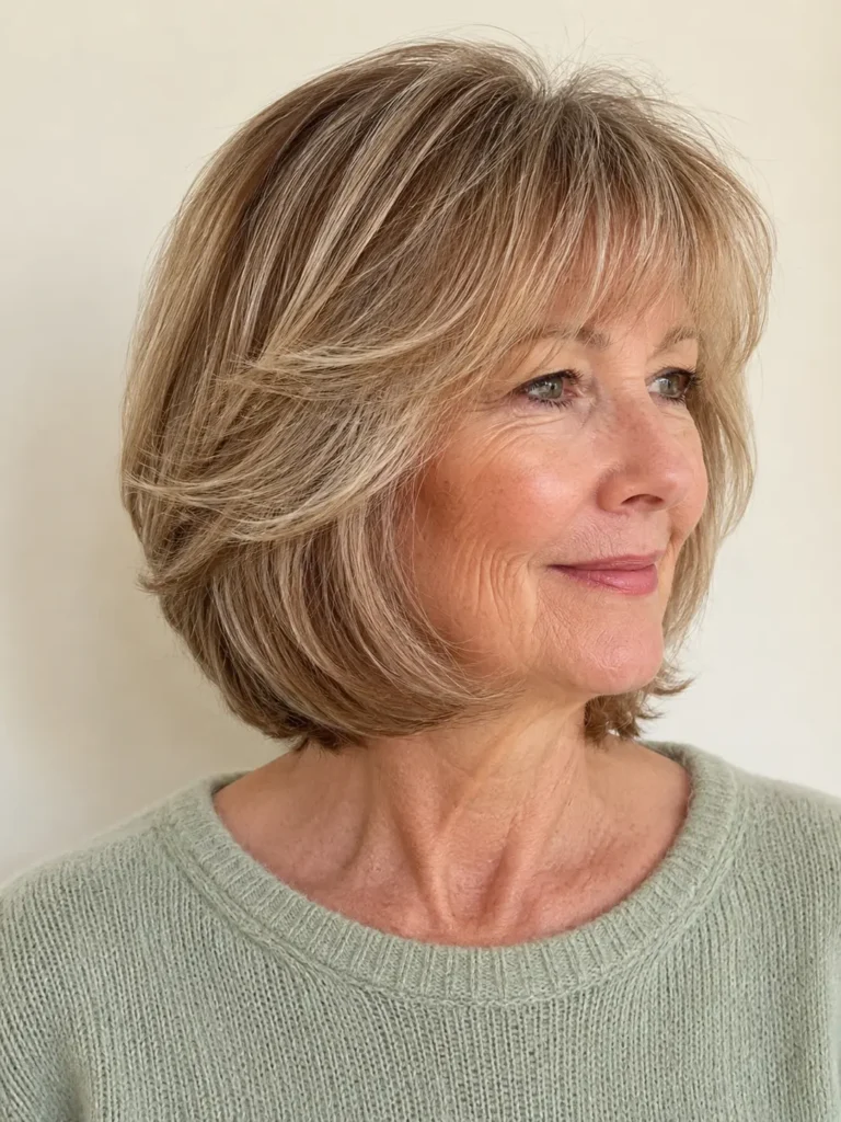 woman with a layered bob haircut and softly arched bangs. Her silky, healthy hair has natural volume, soft movement, and a glossy shine highlighted by bright daylight. She wears a light sage sweater against a neutral cream background, with the hairstyle as the main focus.