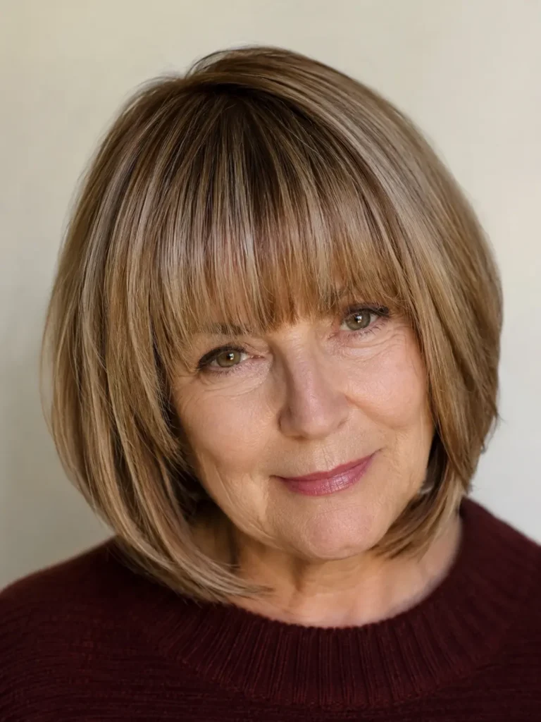 a mature English woman with a layered bob haircut and straight blunt bangs. Her glossy, silky hair has soft layers and natural volume, illuminated by bright natural daylight. She wears a soft burgundy sweater against a neutral cream background, with authentic skin texture and a warm, friendly smile.