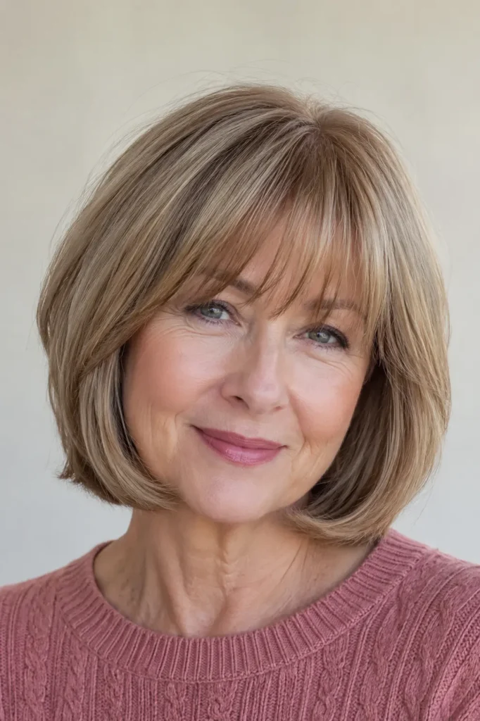 A woman with a silky layered bob and soft brow-grazing bangs. Her naturally voluminous, healthy hair is illuminated by bright natural daylight, complemented by authentic mature skin, a dusty rose sweater, and a neutral ivory background.