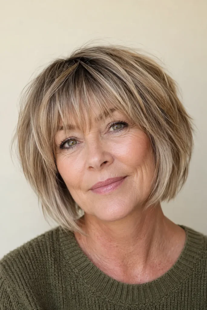 A woman aged around 60 with a layered bob haircut and textured choppy bangs, showcasing soft, voluminous layers with healthy shine under bright natural daylight. She wears an olive knit sweater against a cream background, with the hairstyle as the main focus in a realistic DSLR-style portrait.