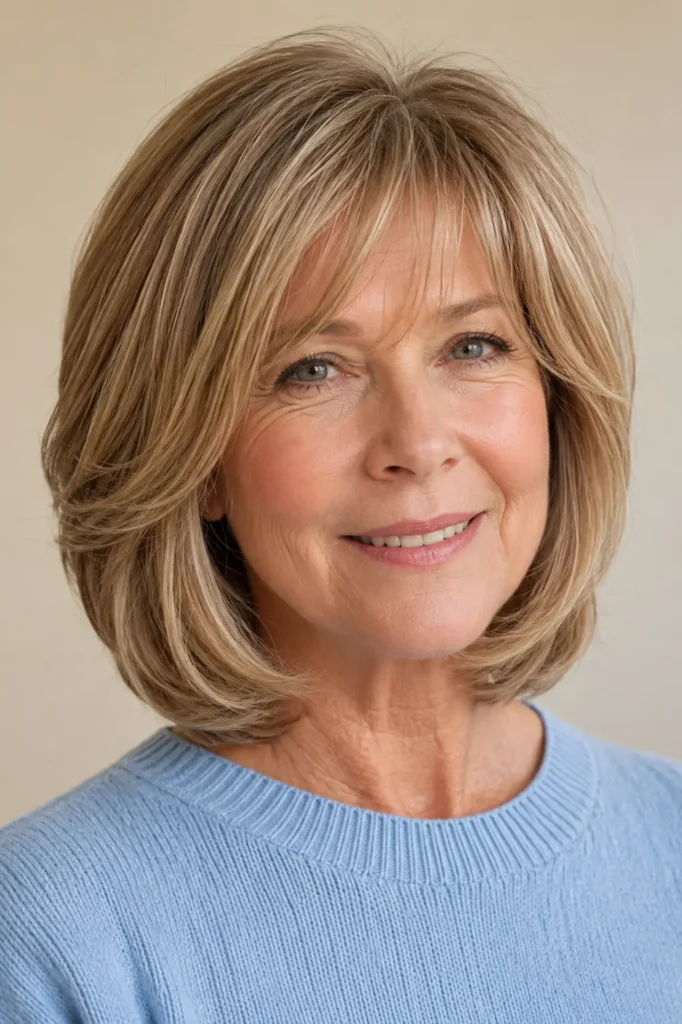 mature English woman with a layered bob and soft face-framing bangs, showcasing healthy, glossy hair with natural volume and dimensional layers, wearing a light blue sweater against a neutral beige background.