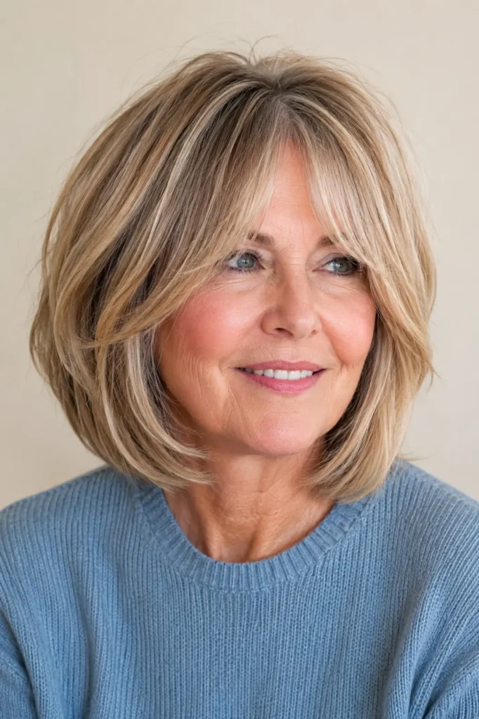 a English woman aged around 60 with a layered bob haircut and long curtain bangs, featuring silky, glossy hair with soft layers and natural movement. She wears a dusty blue sweater against a soft cream background in bright natural daylight, with the hairstyle as the main focus.