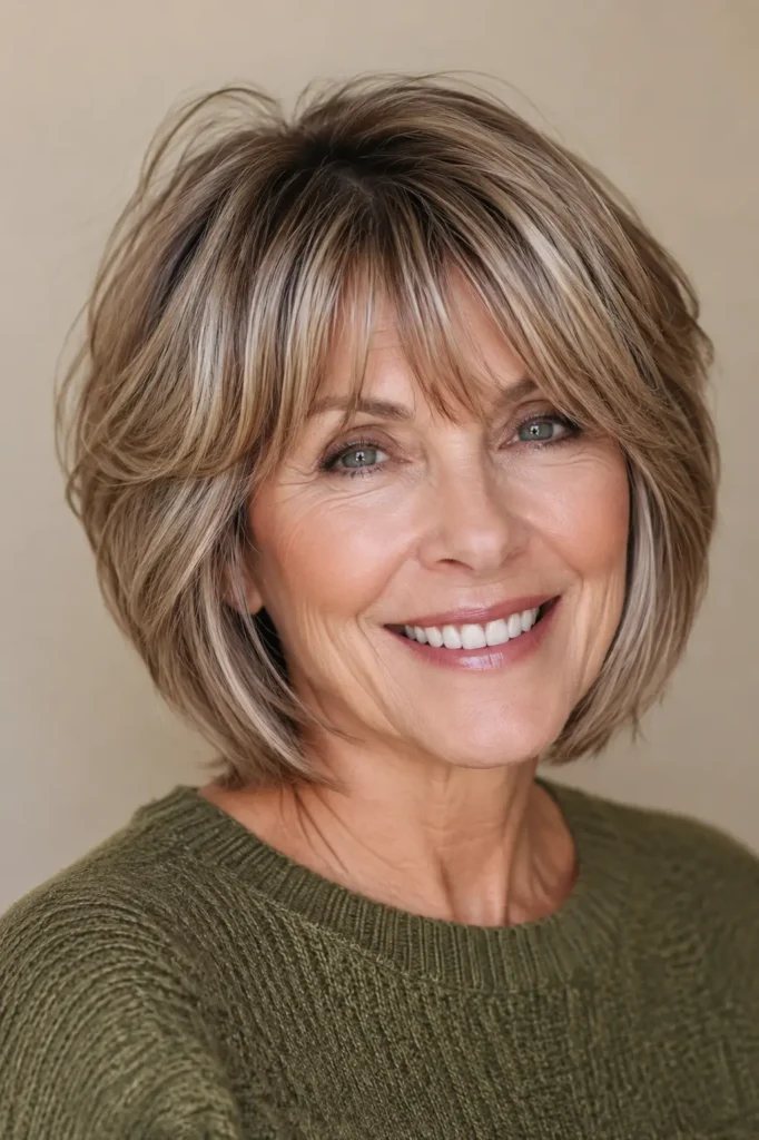 woman with a layered bob haircut and soft piecey bangs. Her glossy, salon-quality hair has silky texture, natural movement, and subtle volume, highlighted by bright natural daylight. She wears a modest olive green sweater against a neutral beige background, with authentic mature skin and the hairstyle as the main focus.