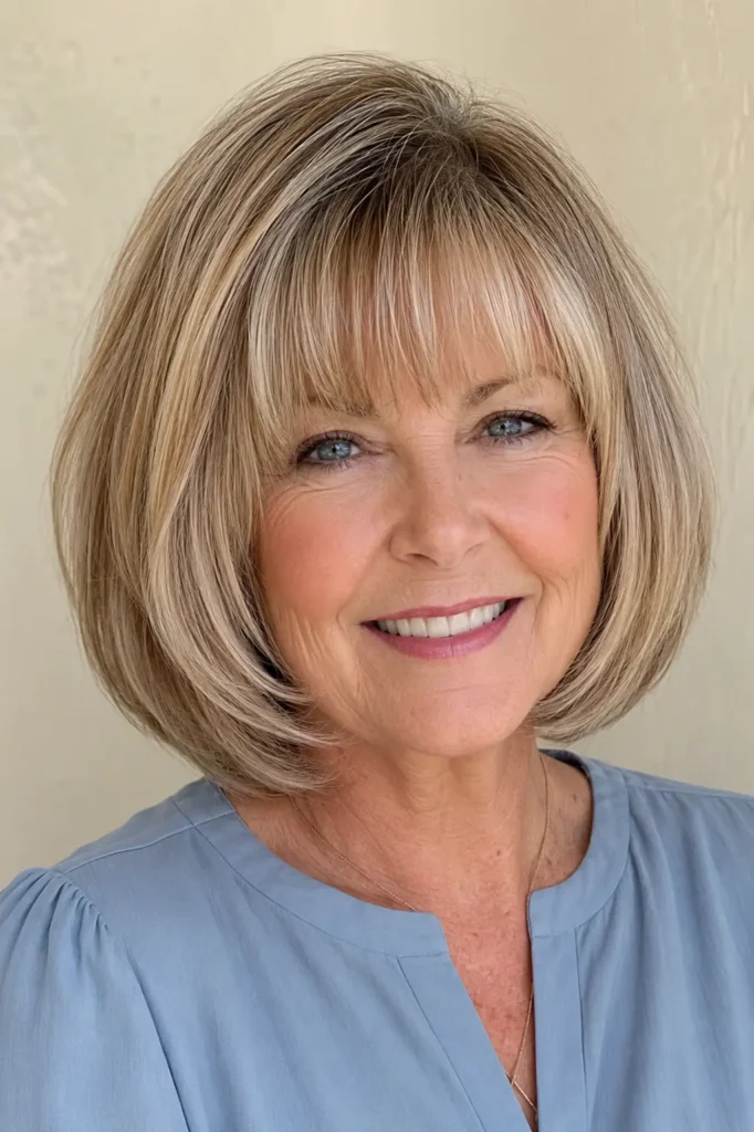 English woman with a layered bob haircut and rounded bangs. Her soft, silky layers have healthy volume and natural shine, beautifully highlighted by bright daylight. She wears a modest dusty blue blouse against a warm cream background, with authentic mature skin and the hairstyle filling most of the frame.