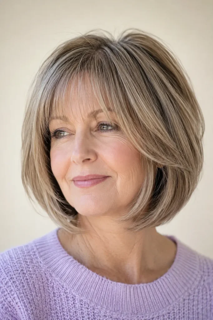 A woman with a layered bob and soft see-through bangs, showcasing silky, healthy hair with natural volume and beautifully blended layers. She wears a light lavender knit sweater against a soft ivory background, with bright natural daylight highlighting the hairstyle and authentic skin texture.