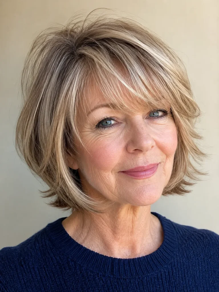 a woman with a layered bob, soft side-swept bangs, and lifted crown volume. Her silky, naturally full hair shines in bright daylight, highlighting the textured layers. She wears a soft navy knit sweater against a cream background, with authentic skin texture and the hairstyle as the main focus.
