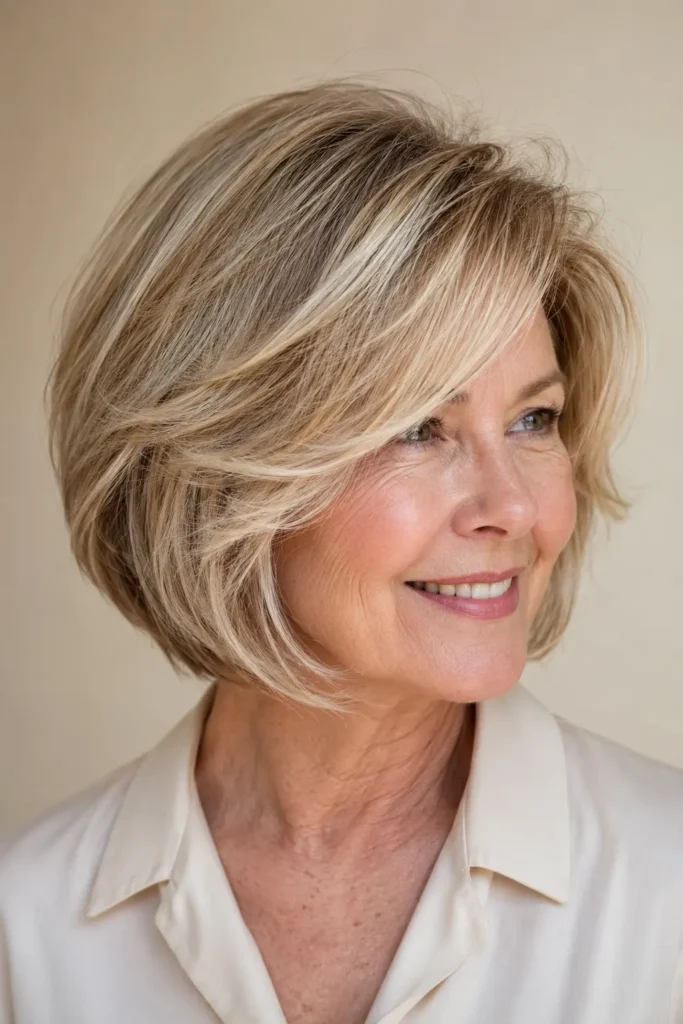woman with a layered bob and deep side-parted bangs, featuring silky, voluminous hair with a healthy shine, wearing a cream shirt against a warm cream background in bright natural light.