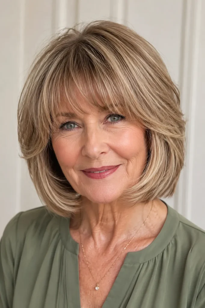 a mature English woman with a layered bob and softly curved bangs, featuring silky feathered layers, healthy shine, and natural movement, wearing a dusty green blouse against a soft ivory background in bright natural daylight.