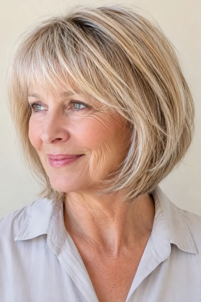 a mature English woman with a layered bob and tapered bangs, showcasing silky, shiny hair with soft movement and natural volume, wearing a soft ivory shirt against a cream background in bright natural daylight