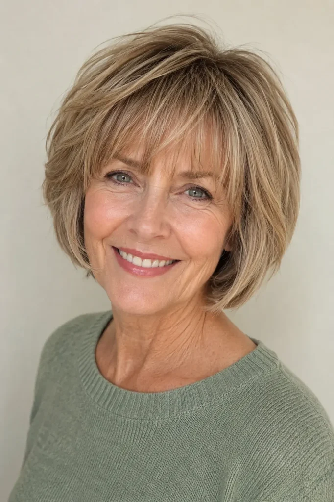 A woman with a layered bob and soft textured fringe, wearing a sage green sweater against an ivory background.