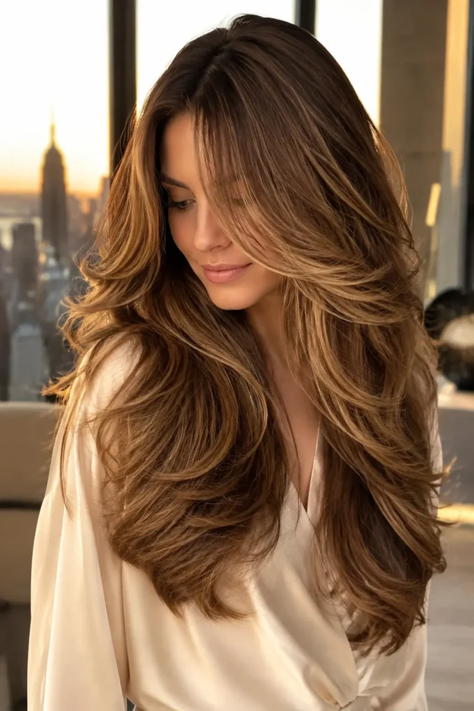 a white woman with exceptionally long butterfly layers in dimensional caramel, honey, and mocha balayage, styled in a voluminous salon blowout, wearing an ivory satin blouse in a luxury penthouse with a softly blurred city skyline at golden hour.