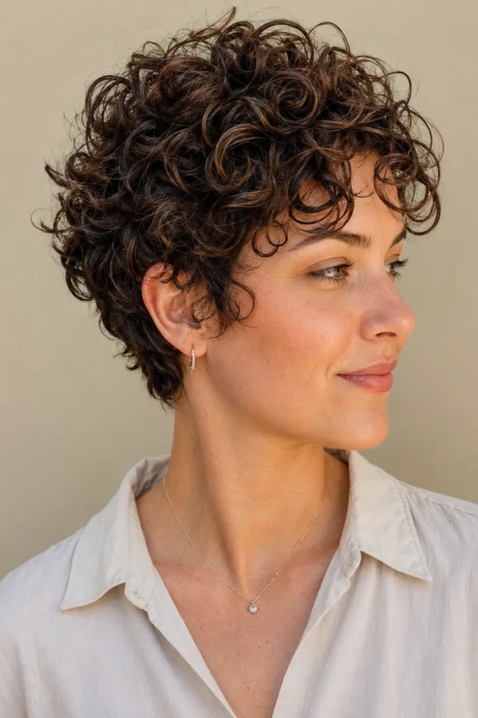 woman with a layered curly pixie haircut featuring short defined curls, soft volume, glossy texture
