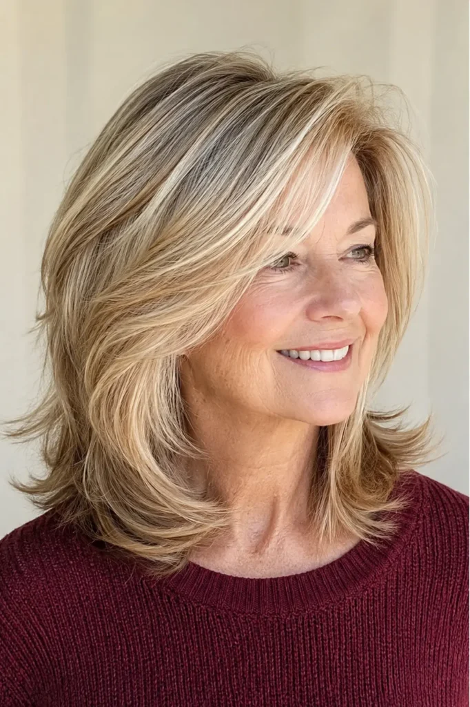 an English woman aged around 60 with a medium-length layered haircut, deep side part, glossy healthy hair, and natural crown volume, wearing a burgundy sweater against a soft cream background in bright daylight.