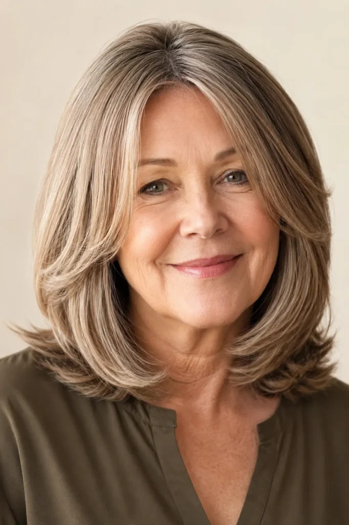 A a mature English woman with a medium-length layered haircut featuring rounded ends, silky healthy hair, glossy shine, and a smooth finish, wearing a sage brown blouse against a soft cream background with bright natural daylight highlighting every strand.