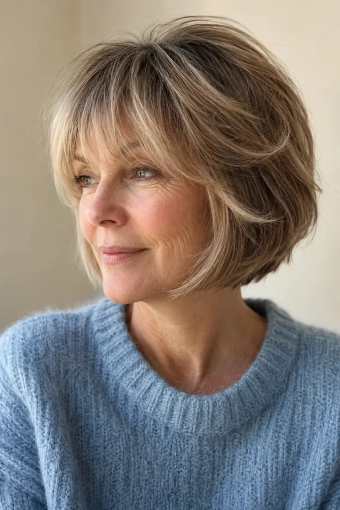 A woman with a layered French bob and soft feathered bangs, showcasing airy layers, natural volume, silky shine, and healthy movement. She wears a dusty blue knit sweater against a neutral cream background in bright natural daylight.