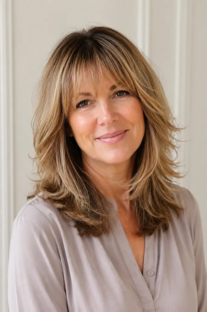 
English woman with a layered fringe and medium-length feathered layered hair, photographed in bright natural light against a cream background, wearing a light taupe blouse.
