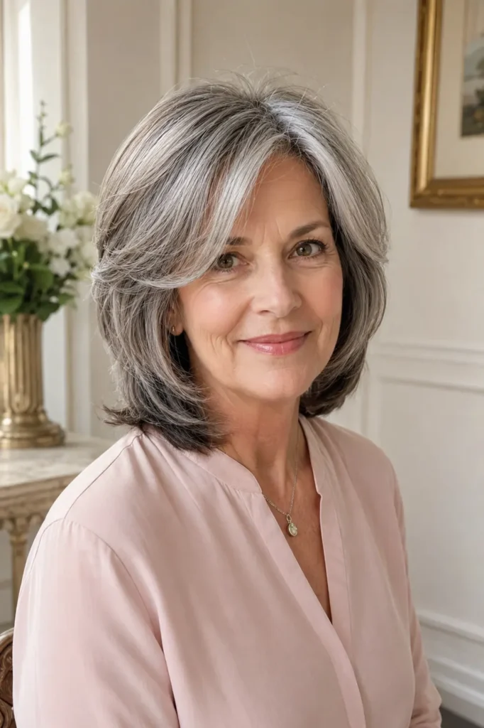 Layered gray bob haircut on a real mature woman with soft feathered layers, natural silver tones, volume, and elegant hairstyle texture.