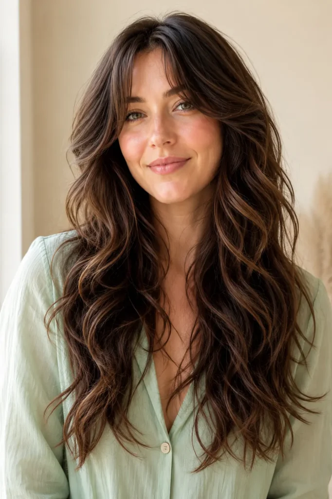 woman with thick naturally wavy hair styled in long layers and a soft curtain fringe, photographed in bright natural light against a warm cream background, wearing a modest pastel-green blouse in a realistic DSLR salon portrait.
