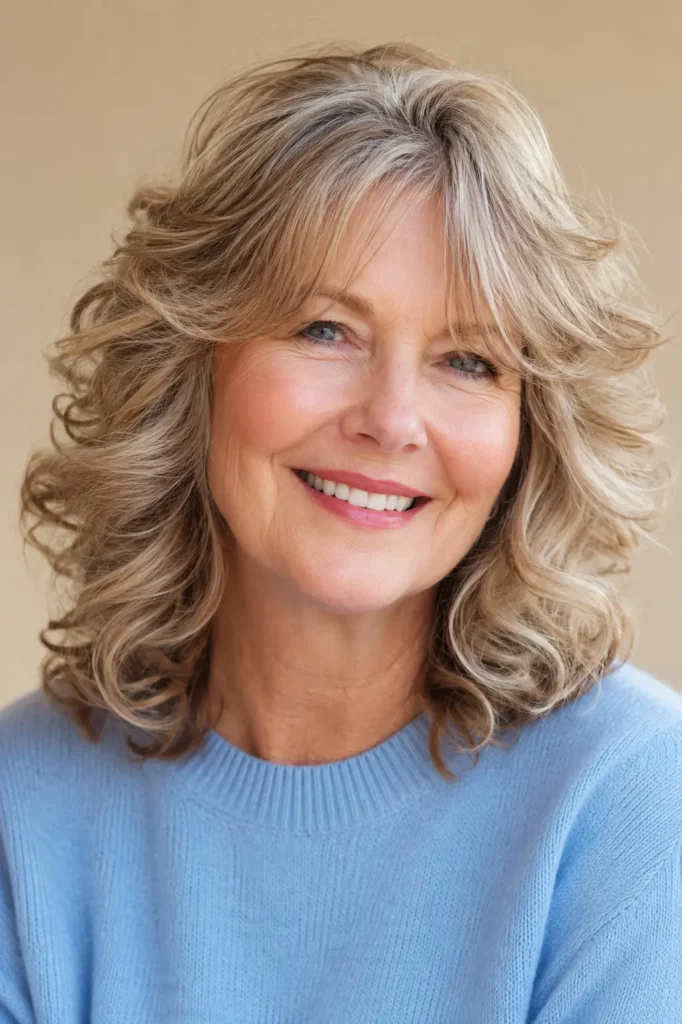 a mature English woman with medium-length layered hair styled in soft loose curls, wearing a light blue sweater against a warm cream background, with glossy salon-quality hair illuminated by bright natural daylight.