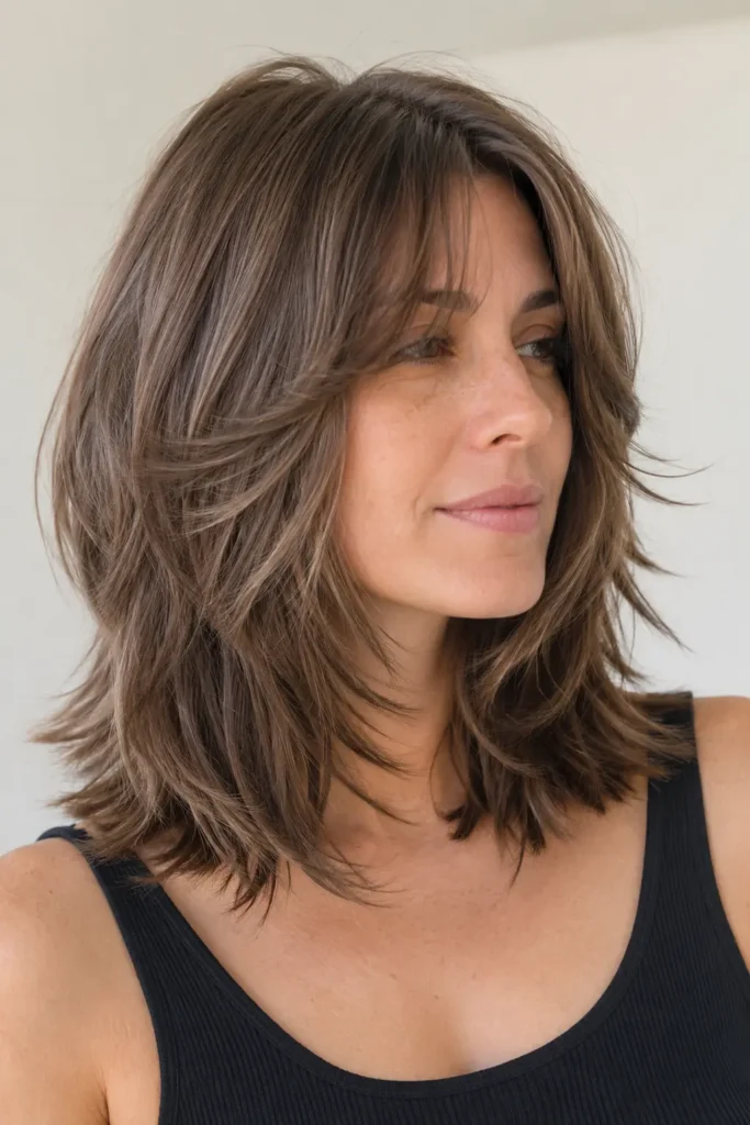 a 25–39-year-old English woman with a layered lob wolf cut and soft curtain bangs, featuring feathered layers