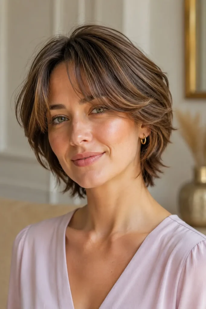 woman with a layered short haircut and curtain bangs, featuring soft face-framing fringe, textured layers, natural volume