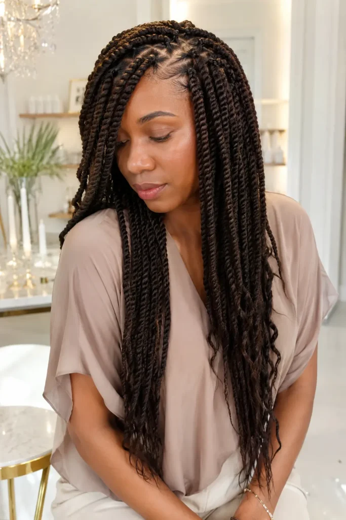 a Black woman wearing layered medium-brunette twist braids with a glossy finish, photographed in bright natural daylight against a luxurious cream beauty studio background. She wears a stylish soft taupe blouse,