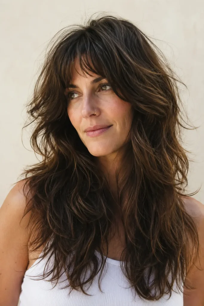 n English woman with a layered wavy wolf cut and textured bangs, featuring feathered layers, glossy healthy hair, soft natural waves, and bright daylight against a cream background.