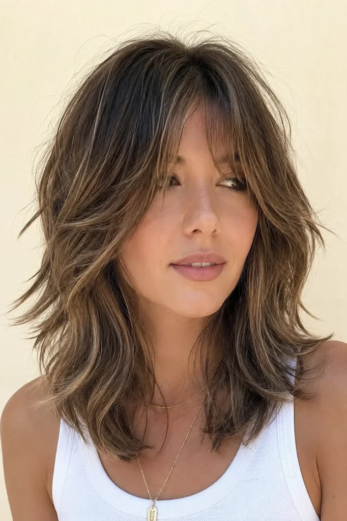 a woman with a layered wolf cut for fine hair and soft curtain bangs, featuring airy feathered layers, healthy shine, and natural volume against a cream background in bright daylight.