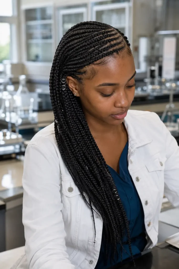 Black woman with long side-swept lemonade cornrow braids featuring intricate diagonal rows and subtle metallic cuffs, wearing a white denim jacket over a deep teal blouse in a softly blurred modern science laboratory classroom with bright natural light.