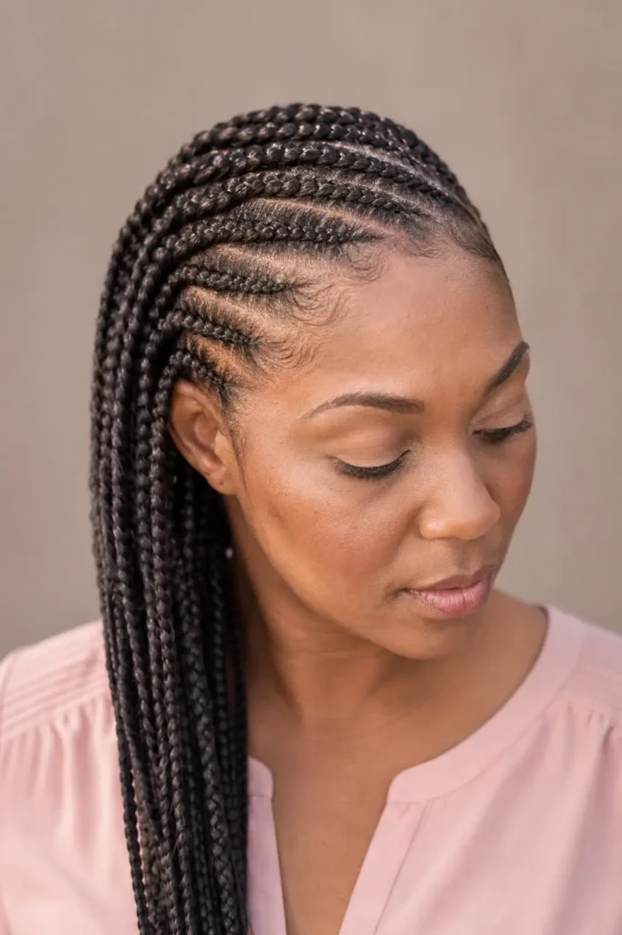  Medium lemonade-inspired cornrows sweeping diagonally over one shoulder on a real Black English woman in a powder-pink blouse.
