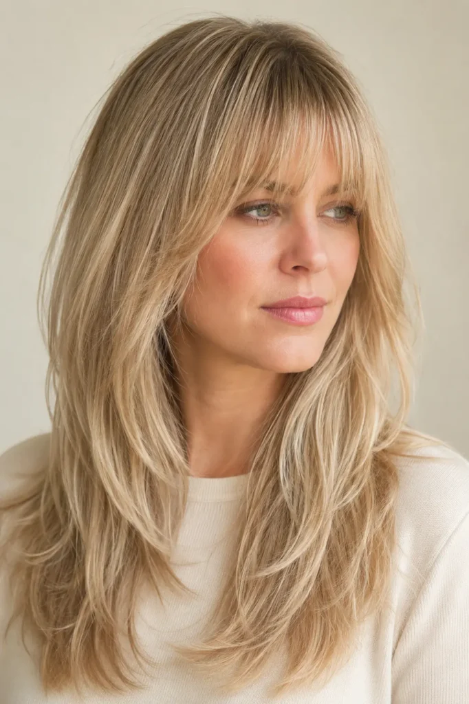 woman with a light blonde straight wolf cut, soft bangs, sleek feathered layers, and glossy healthy hair in a realistic hairstyle portrait.