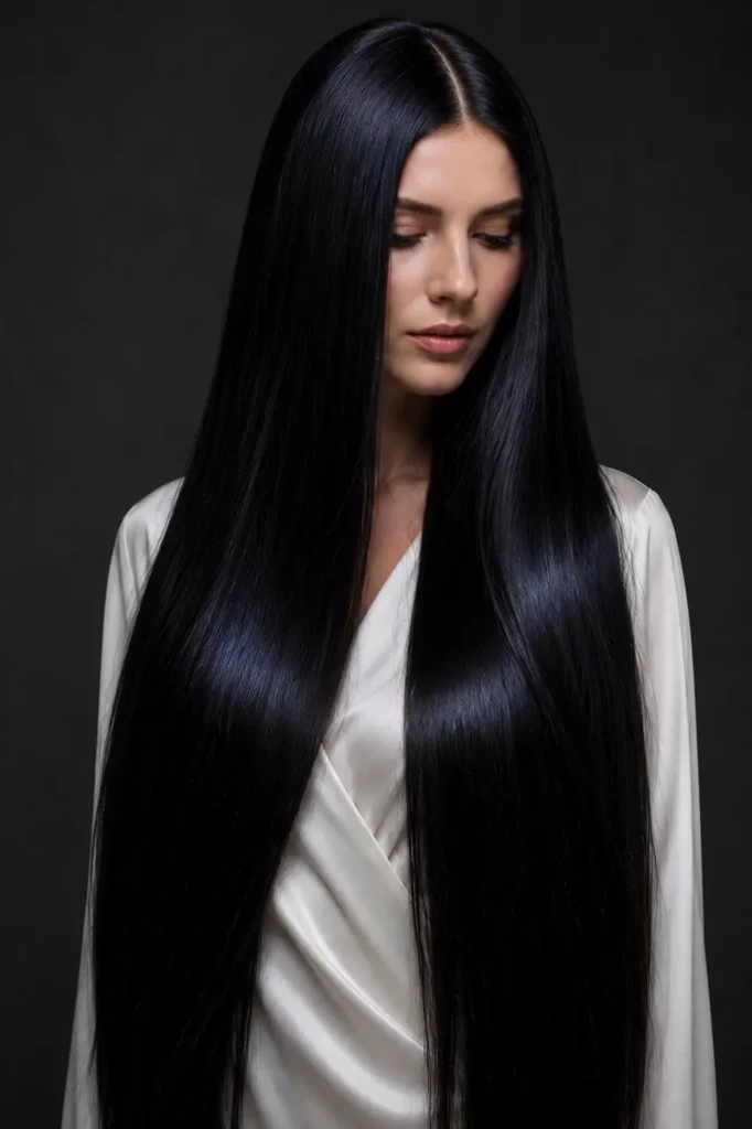 a real white woman with extremely long, ultra-glossy sleek black hair featuring subtle midnight-blue undertones, styled with a clean center part, wearing a modest ivory silk blouse against a luxury editorial background.