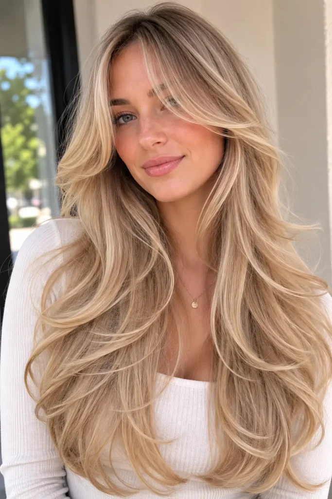 woman with long blonde layered hair and curtain bangs, featuring soft flowing waves, glossy shine, natural volume