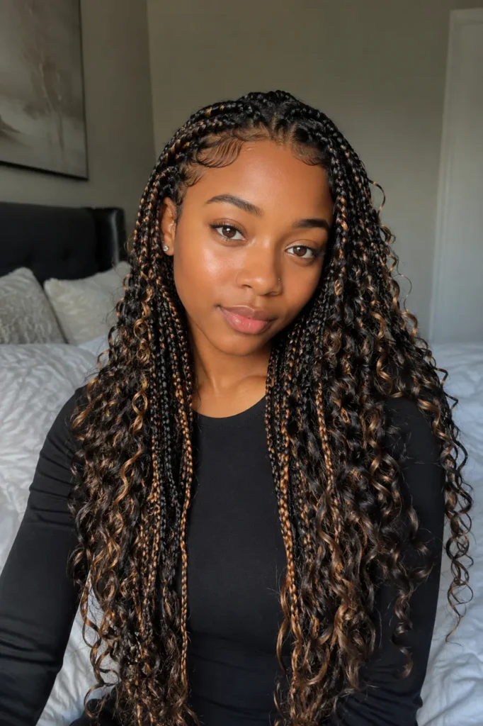young Black woman with long boho goddess braids featuring medium-sized braids blended into loose curly strands with subtle golden-brown highlights, styled baby hairs, and a glossy finish. She wears a modest black top