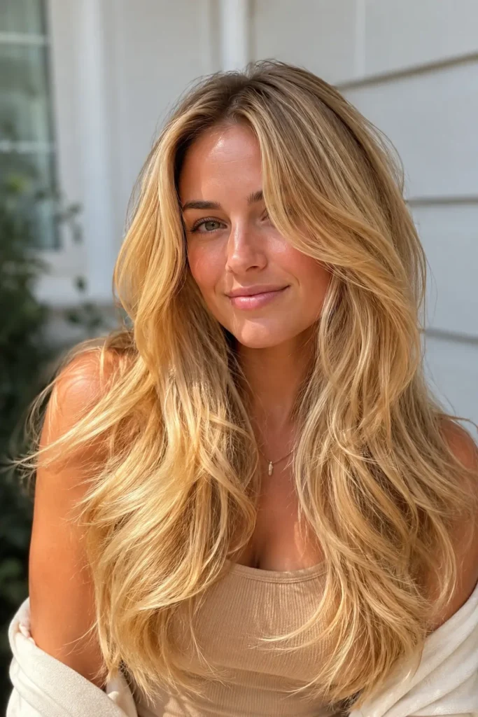 woman with long honey blonde layered hairstyle, featuring soft beachy waves, golden blonde dimension, smooth face-framing layers, healthy shine
