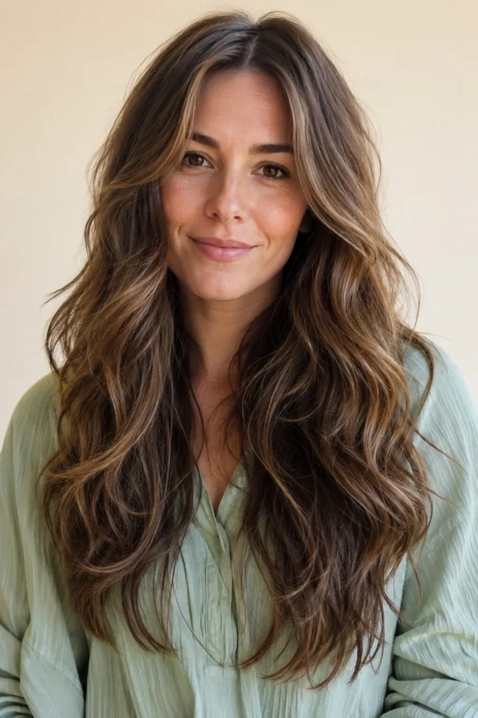 woman with long, thick naturally wavy hair featuring soft long layers and face-framing pieces, photographed in bright natural daylight against a pale cream background, wearing a pastel sage-green blouse.