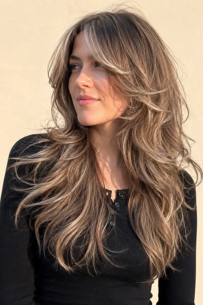 a woman with a long layered wolf cut and soft curtain bangs, featuring feathered layers, glossy healthy hair, and natural movement against a cream background in bright daylight.
