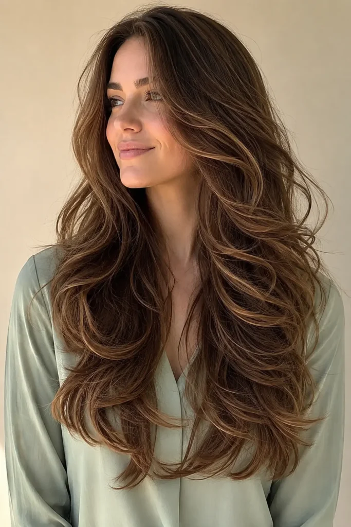 English woman with a long V-cut layered haircut for thick naturally wavy hair, featuring flowing waves and cascading layered ends. She wears a modest light-sage blouse against a pale beige background in bright natural daylight, with the hairstyle filling most of the vertical frame.